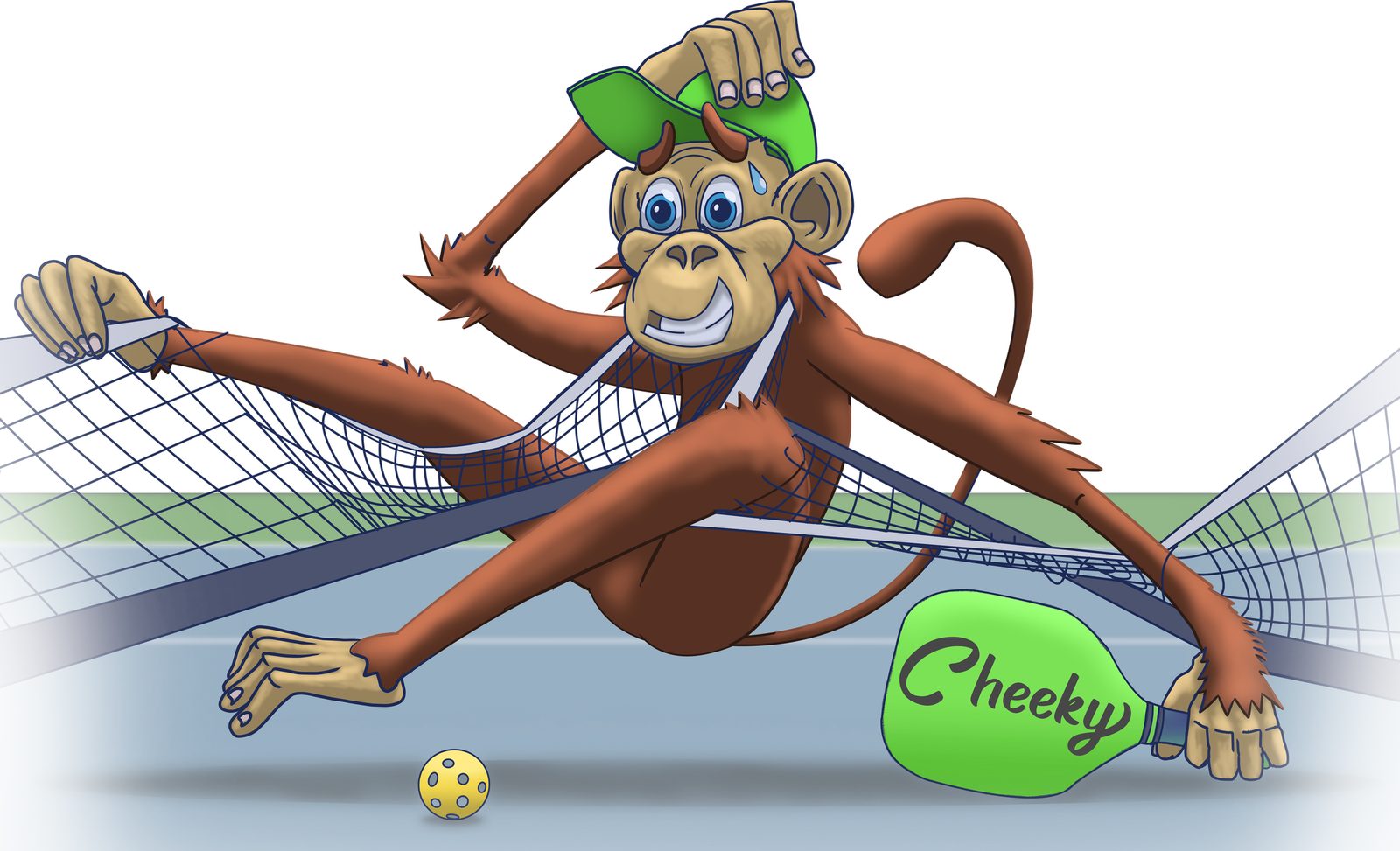 A cartoon monkey in a green cap, tangled in a pickleball net, grinning nervously while holding a lime-green paddle that says Cheeky
