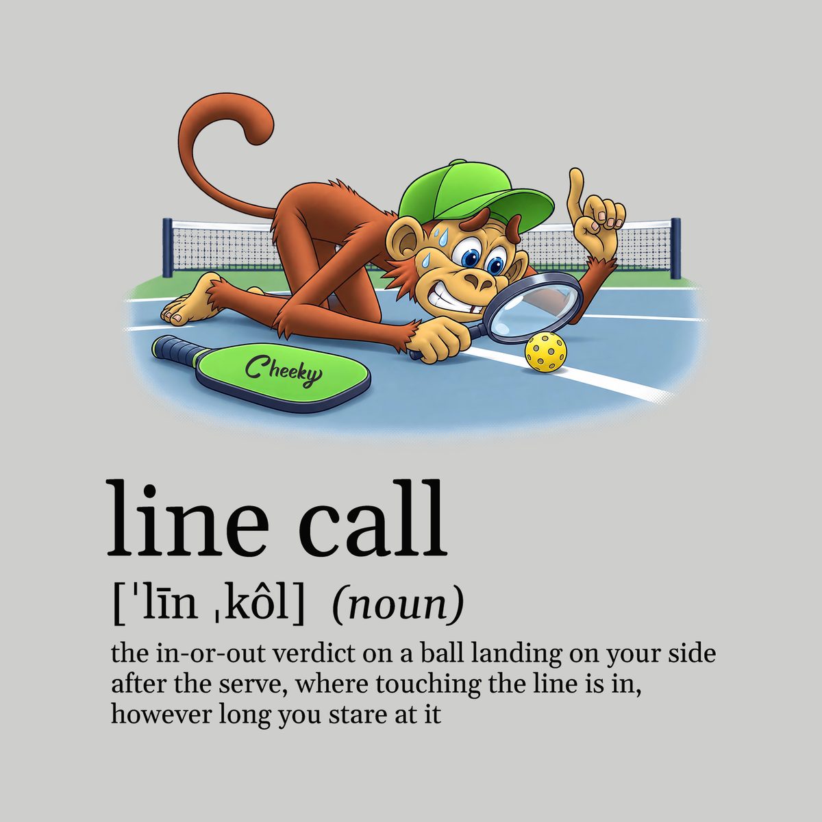 Design preview of the back of the Athletic Heather Magnifying Glass Tee: the monkey crouched low with a magnifying glass over a ball sitting on the line, above a dictionary-style definition of line call