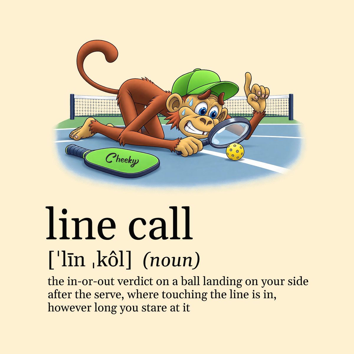 Design preview of the back of the Natural Magnifying Glass Tee: the monkey crouched low with a magnifying glass over a ball sitting on the line, above a dictionary-style definition of line call