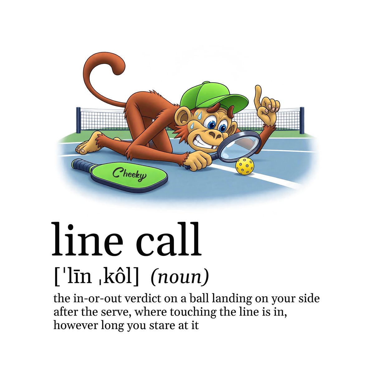 Design preview of the back of the White Magnifying Glass Tee: the monkey crouched low with a magnifying glass over a ball sitting on the line, above a dictionary-style definition of line call