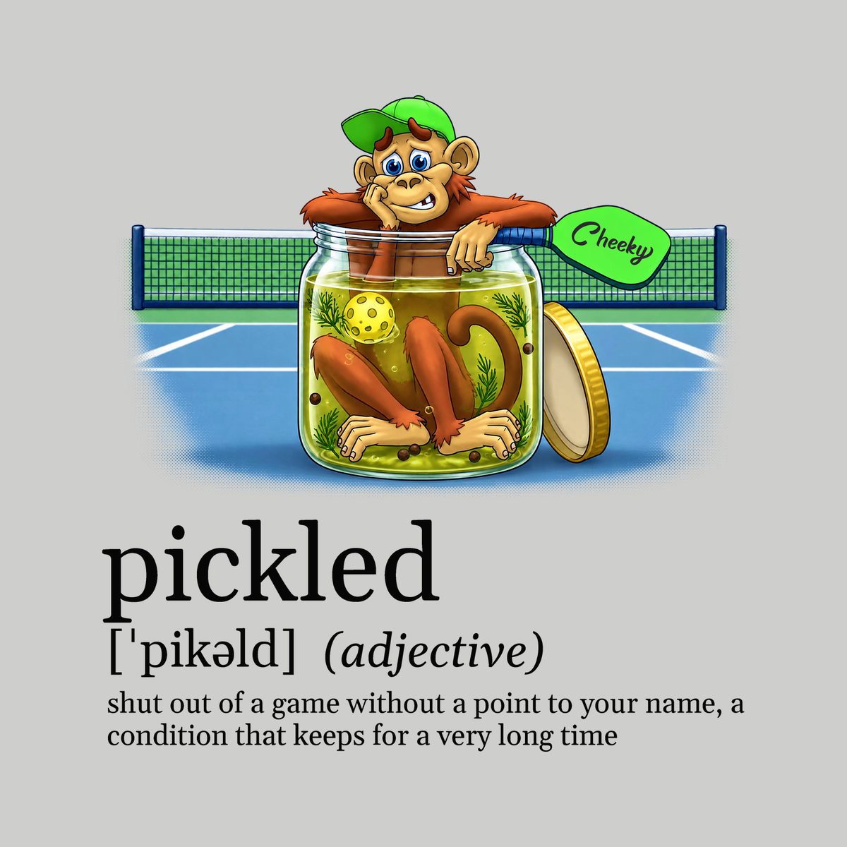 Design preview of the back of the Athletic Heather Pickle Jar Tee: the monkey sitting glumly in a giant pickle jar on the court, above a dictionary-style definition of pickled