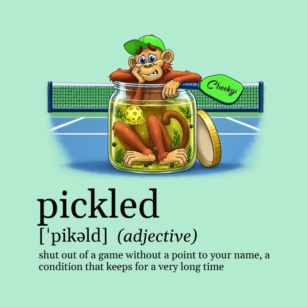 Design preview of the back of the Heather Mint Pickle Jar Tee: the monkey sitting glumly in a giant pickle jar on the court, above a dictionary-style definition of pickled