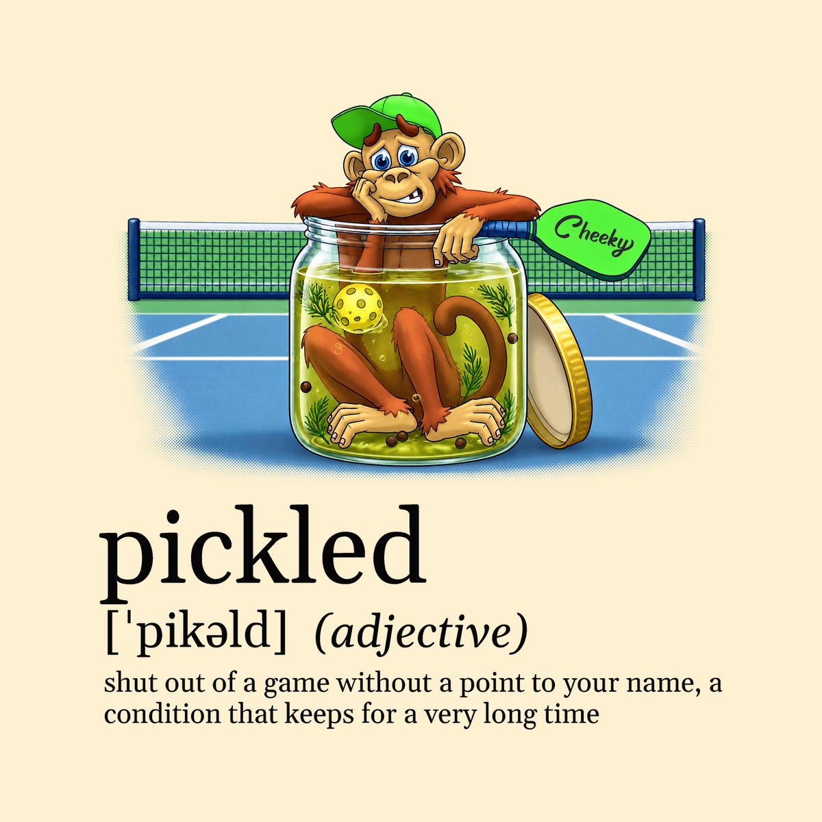 Design preview of the back of the Natural Pickle Jar Tee: the monkey sitting glumly in a giant pickle jar on the court, above a dictionary-style definition of pickled