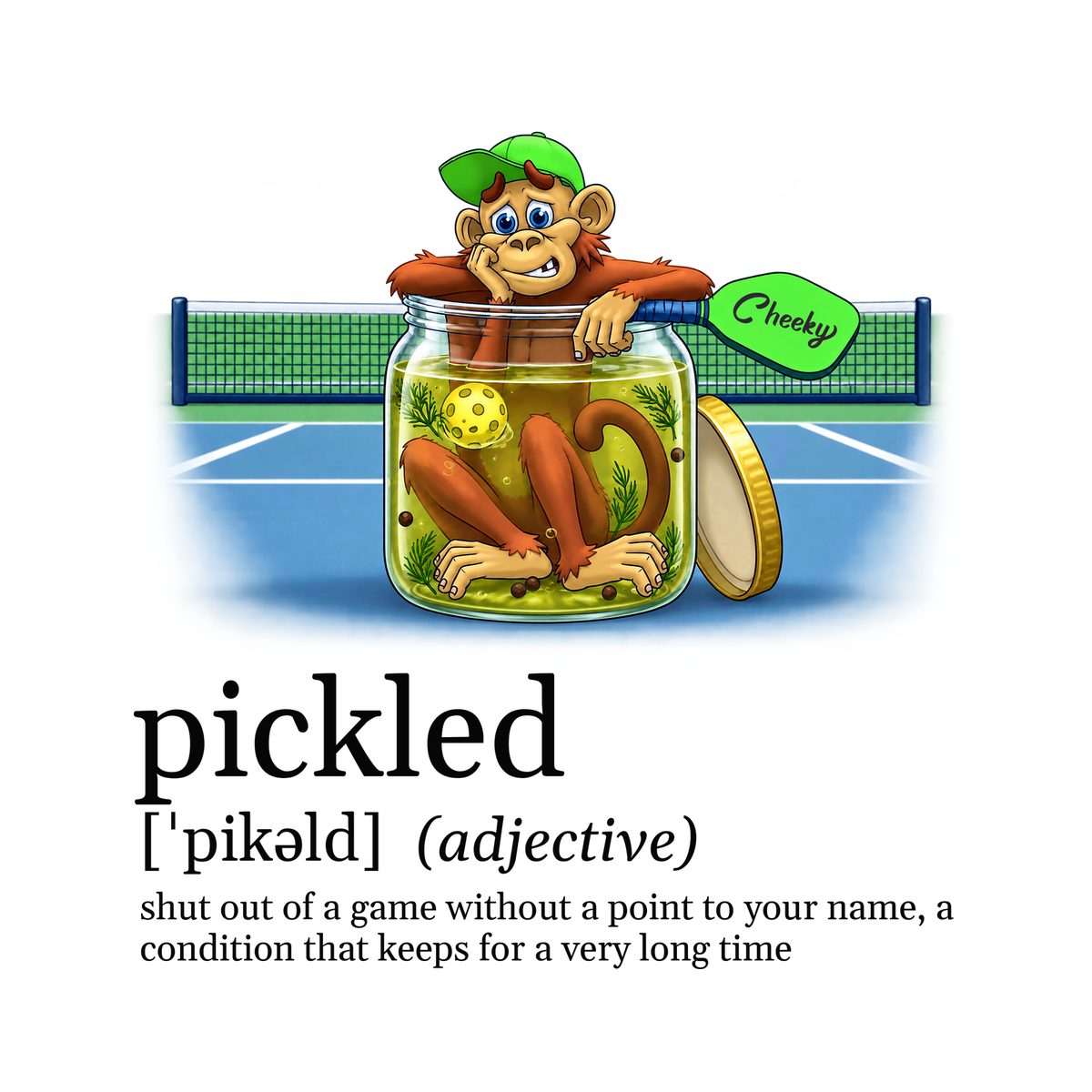 Design preview of the back of the White Pickle Jar Tee: the monkey sitting glumly in a giant pickle jar on the court, above a dictionary-style definition of pickled