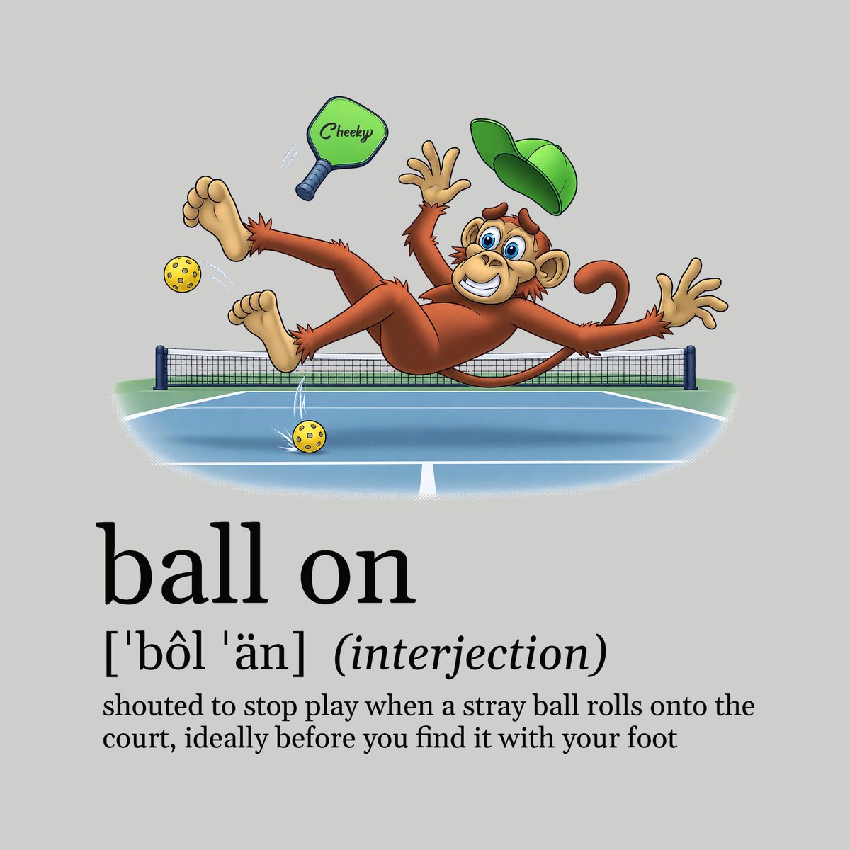 Design preview of the back of the Athletic Heather Stray Ball Tee: the monkey slipping on a stray ball, airborne with his cap and paddle flying, above a dictionary-style definition of ball on