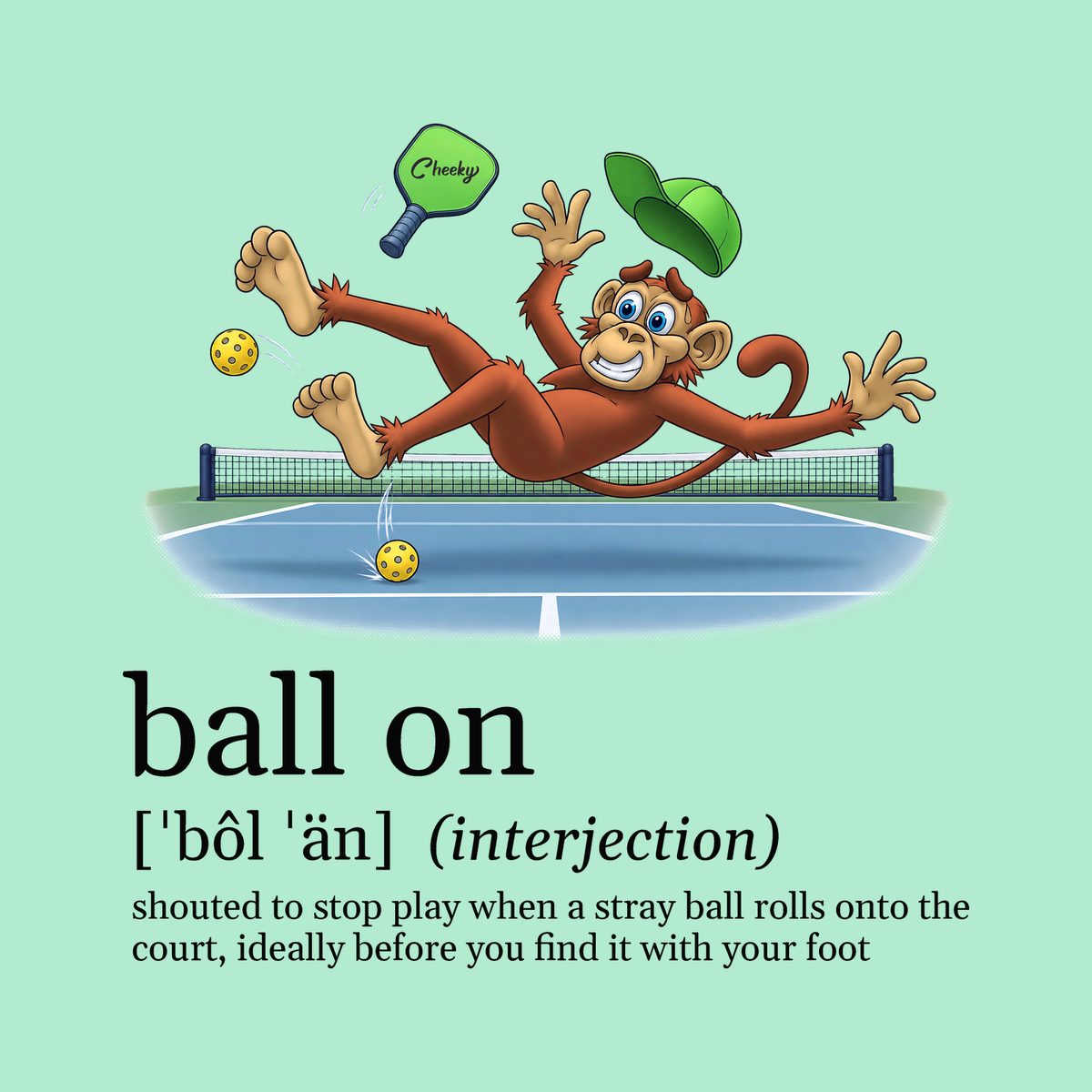 Design preview of the back of the Heather Mint Stray Ball Tee: the monkey slipping on a stray ball, airborne with his cap and paddle flying, above a dictionary-style definition of ball on