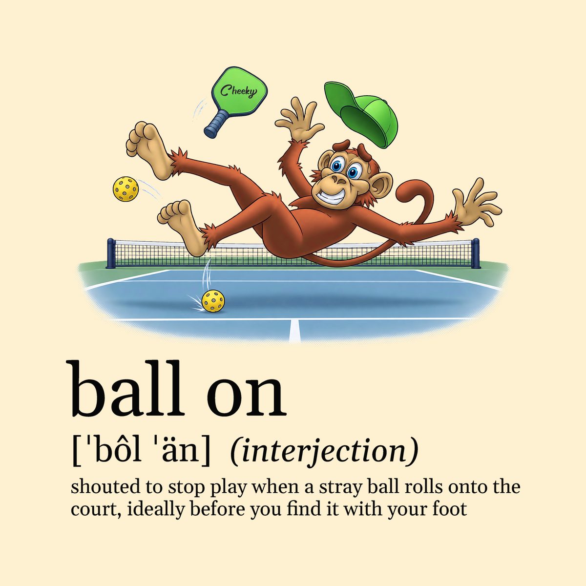 Design preview of the back of the Natural Stray Ball Tee: the monkey slipping on a stray ball, airborne with his cap and paddle flying, above a dictionary-style definition of ball on