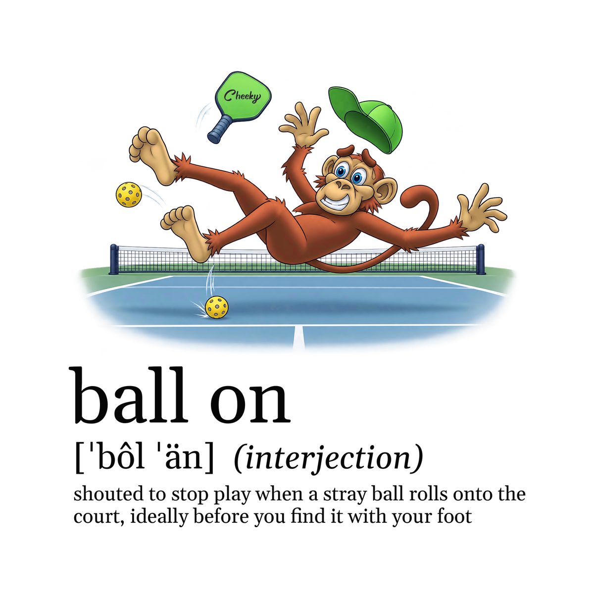 Design preview of the back of the White Stray Ball Tee: the monkey slipping on a stray ball, airborne with his cap and paddle flying, above a dictionary-style definition of ball on