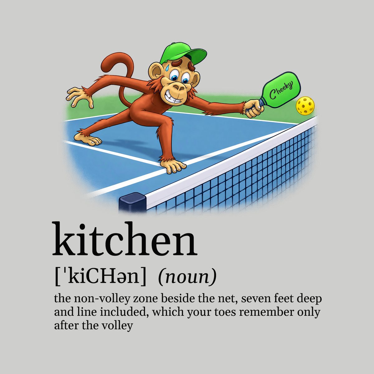 Design preview of the back of the Athletic Heather Toe on the Line Tee: the monkey stretching for a volley with one toe on the kitchen line, above a dictionary-style definition of kitchen