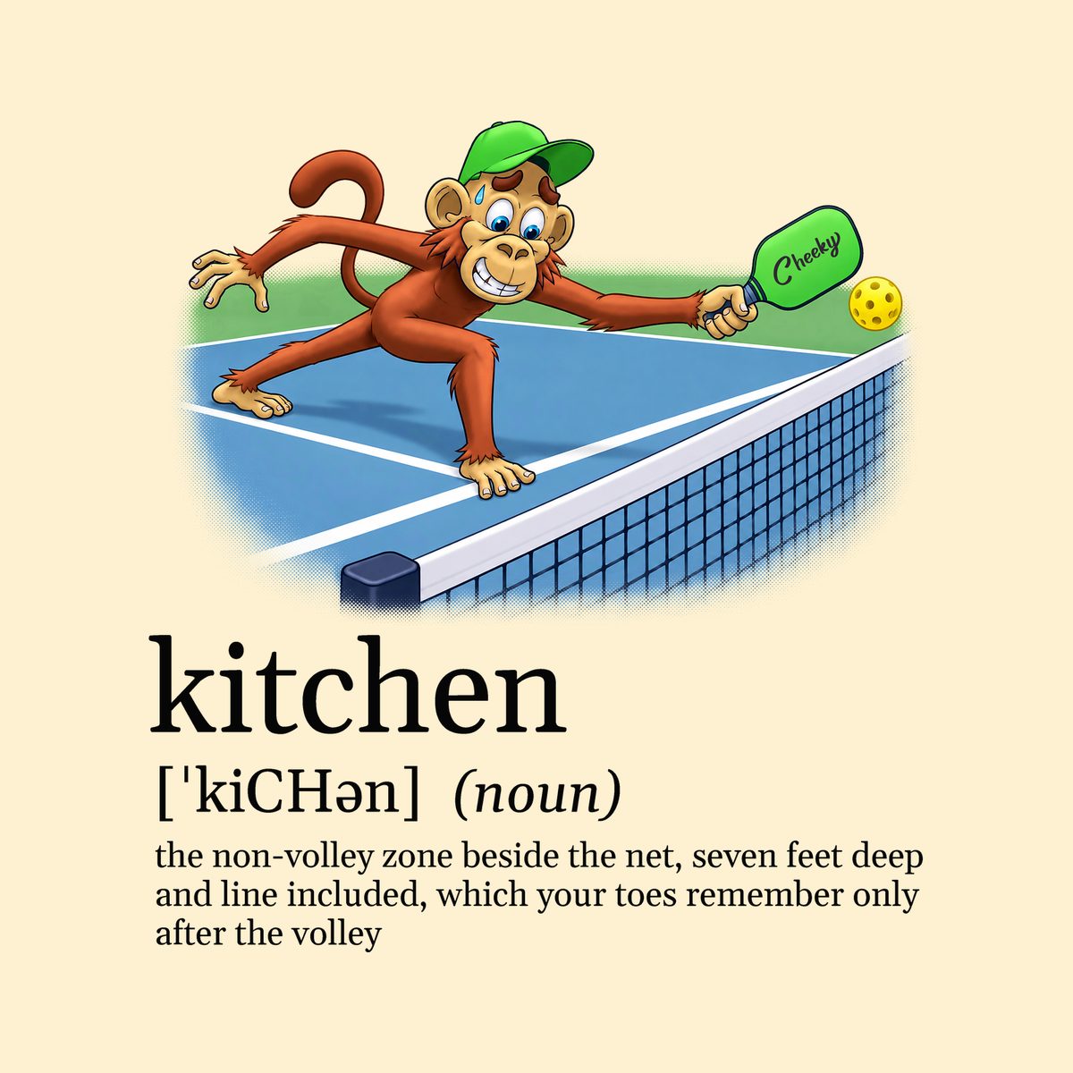 Design preview of the back of the Natural Toe on the Line Tee: the monkey stretching for a volley with one toe on the kitchen line, above a dictionary-style definition of kitchen