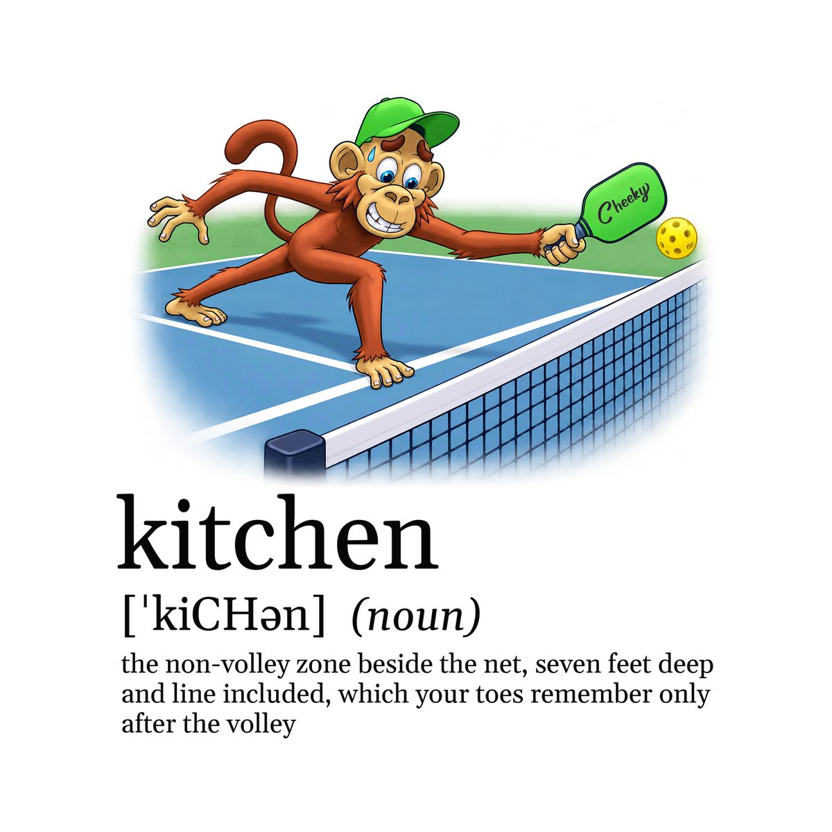 Design preview of the back of the White Toe on the Line Tee: the monkey stretching for a volley with one toe on the kitchen line, above a dictionary-style definition of kitchen