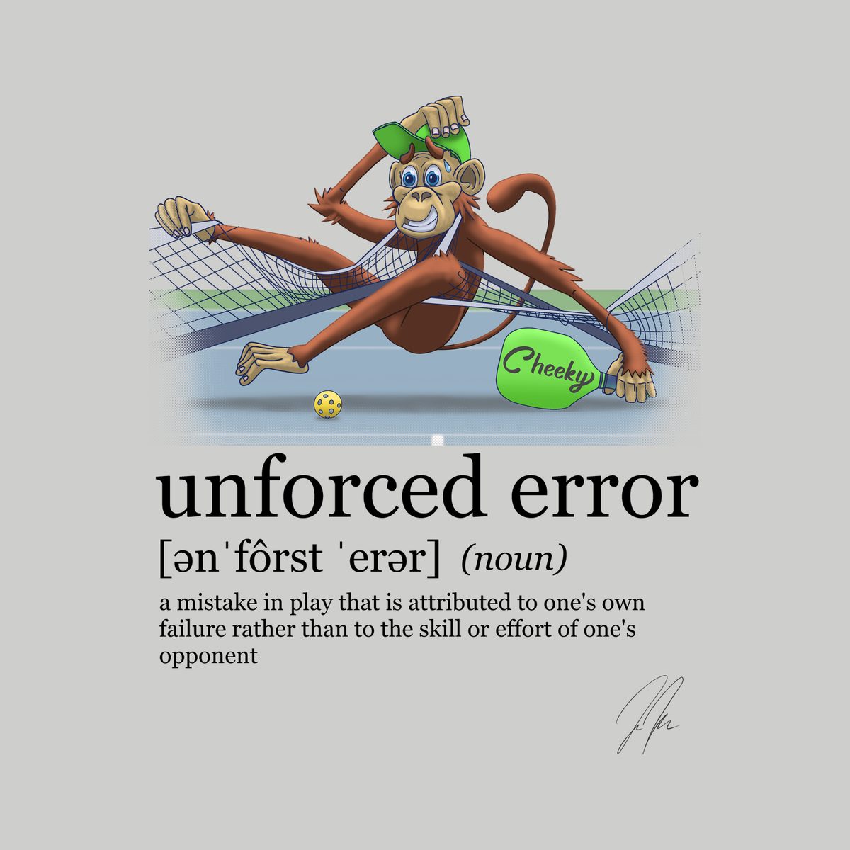 Design preview of the back of the Athletic Heather Unforced Error Tee: the monkey tangled in the net above the dictionary definition of unforced error