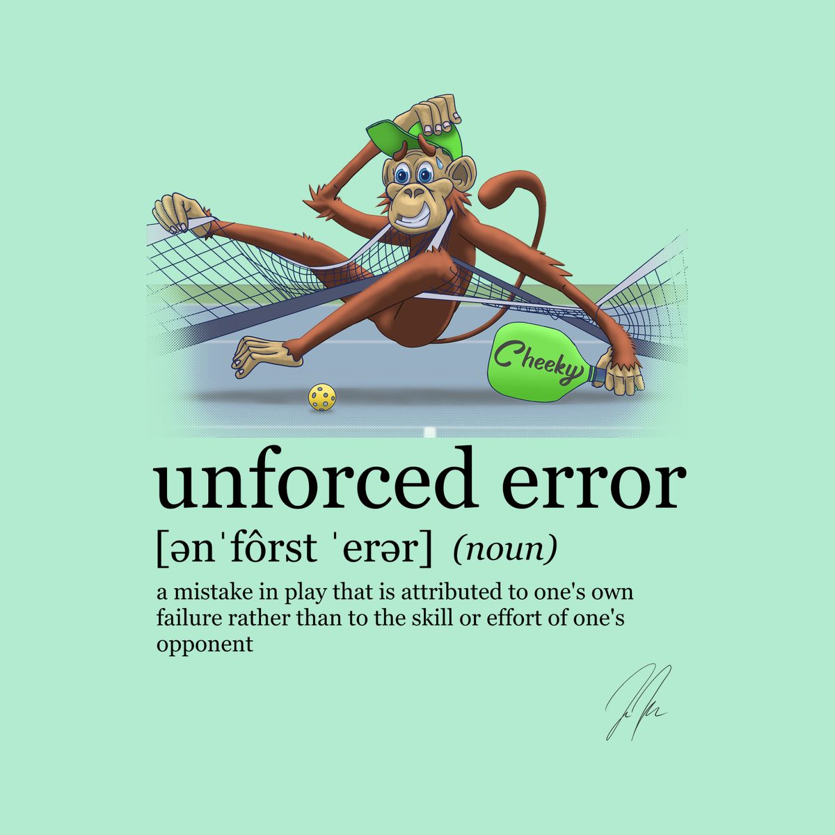 Design preview of the back of the Heather Mint Unforced Error Tee: the monkey tangled in the net above the dictionary definition of unforced error