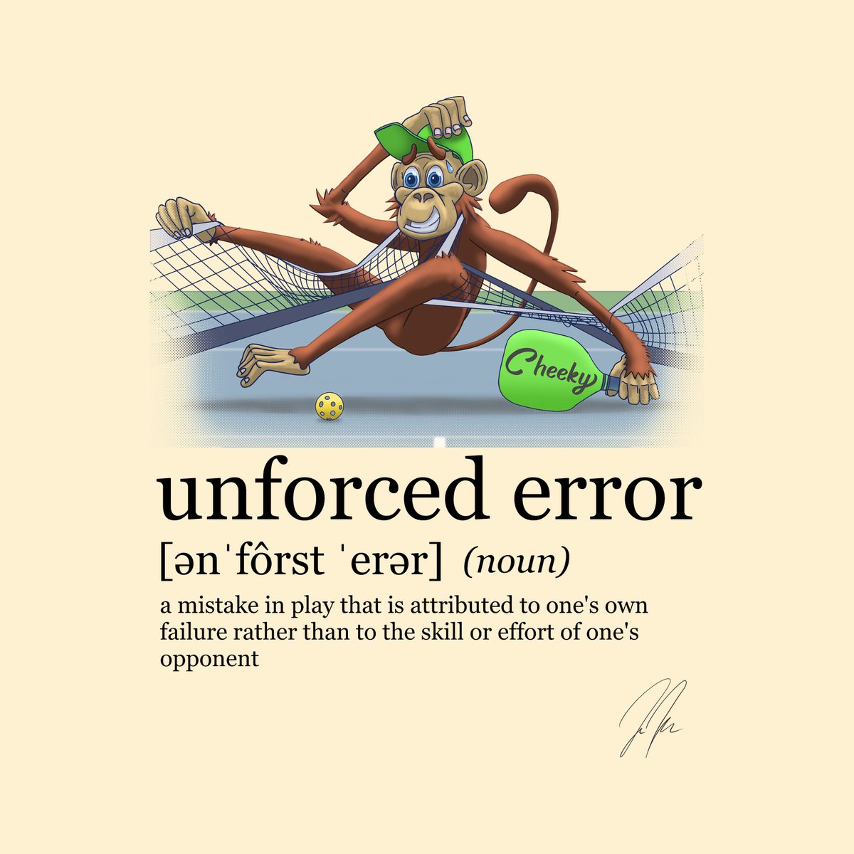 Design preview of the back of the Natural Unforced Error Tee: the monkey tangled in the net above the dictionary definition of unforced error