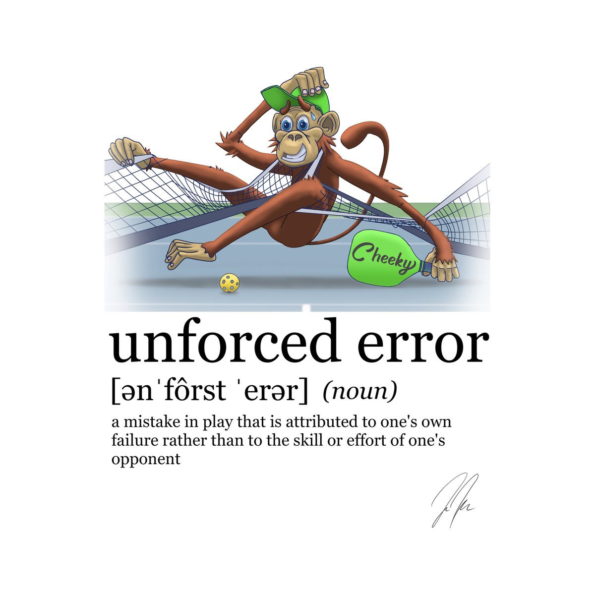 Design preview of the Unforced Error shirt back: the tangled monkey above the dictionary entry for unforced error